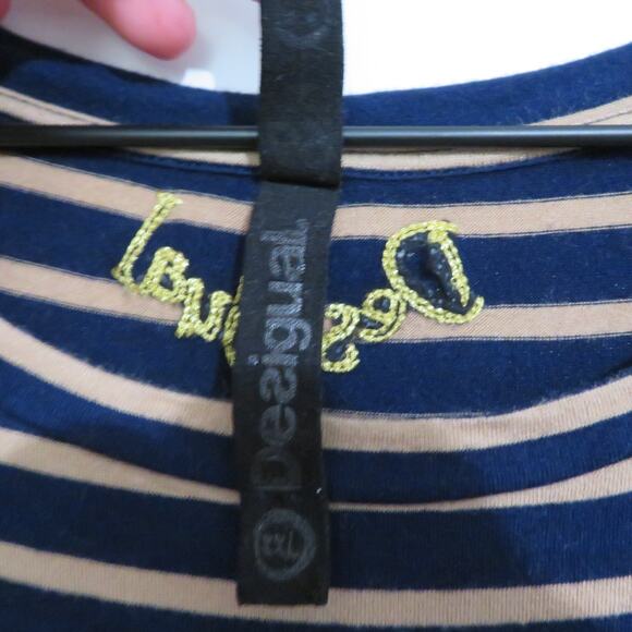 Desigual Womens Sz XXL Navy Tan Striped Floral Mesh Sleeve Top Mixed Fabrics - Picture 7 of 8